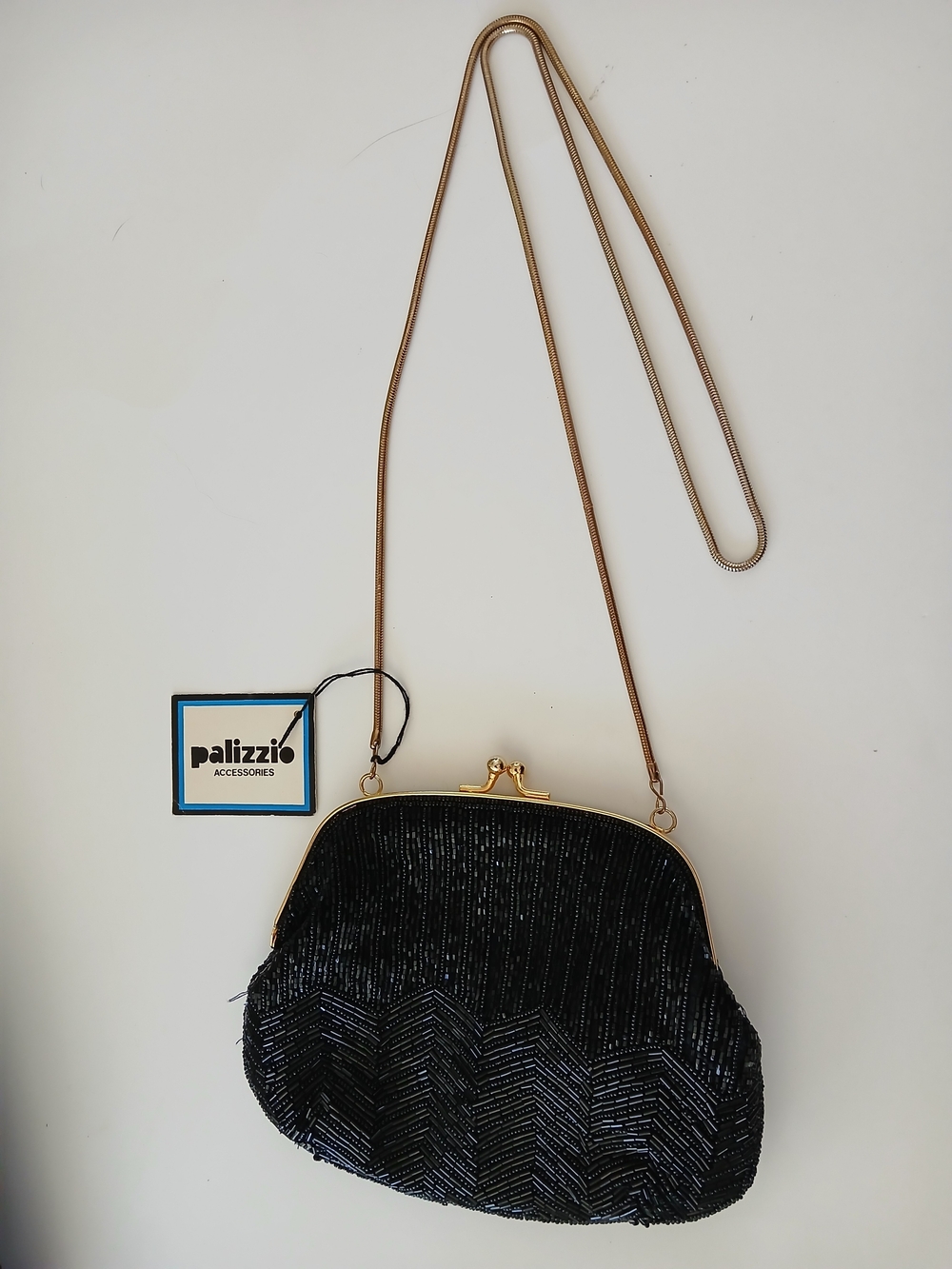Palizzio Black Beaded Crossbody Purse with Gold Chain- Missing Some Beads